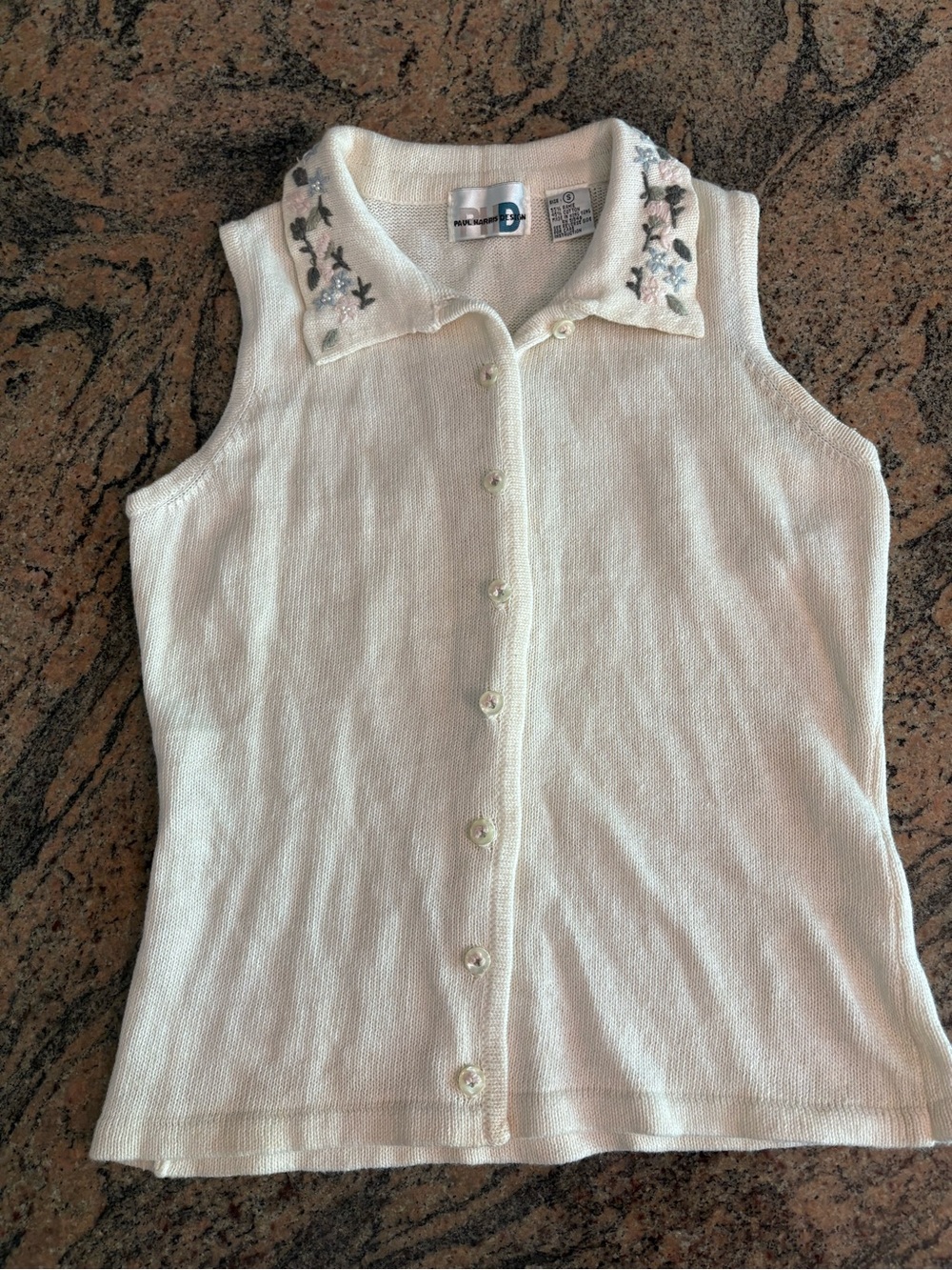 Paul Harris Vintage Sleeveless Knit Polo Shirt Cream Floral Embellished Collar S